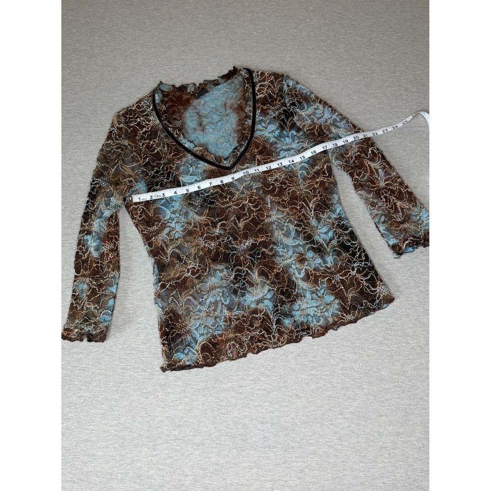 Tribal Women Brown Blue Floral Lace V-Neck Long Sleeve Top L 41810-468 - Picture 3 of 8